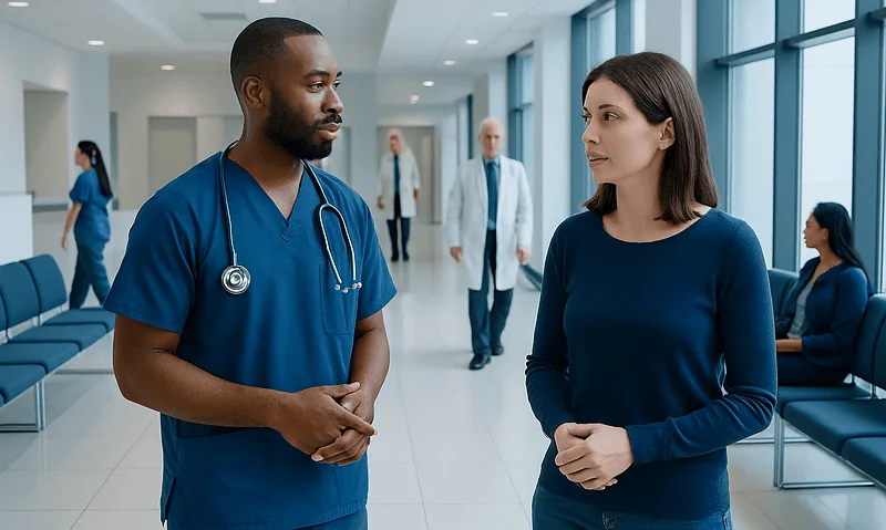 Healthcare professionals discussing patient care in hospital corridor.
