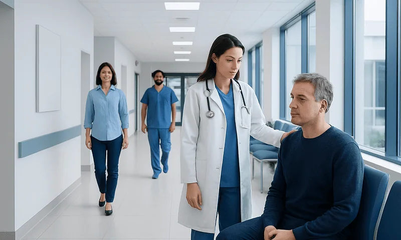 Doctor consulting a patient in a hospital corridor with medical staff in the background.