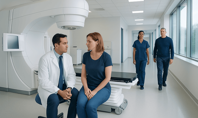 Medical consultation in a modern hospital radiology department.