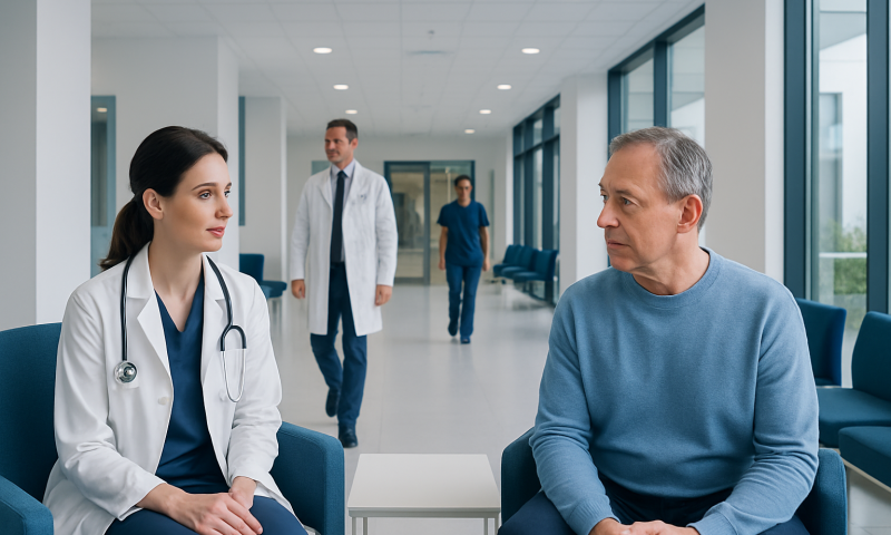 Doctor consulting with a patient in a modern hospital corridor.