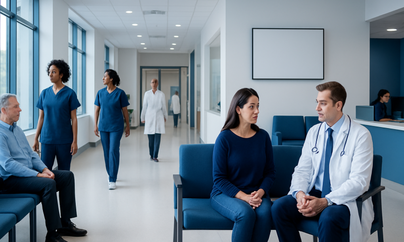 Doctor consulting with a patient in a modern hospital corridor.