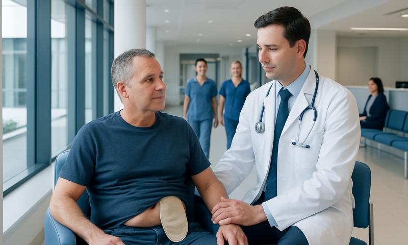 Doctor consulting with a patient in a hospital corridor.
