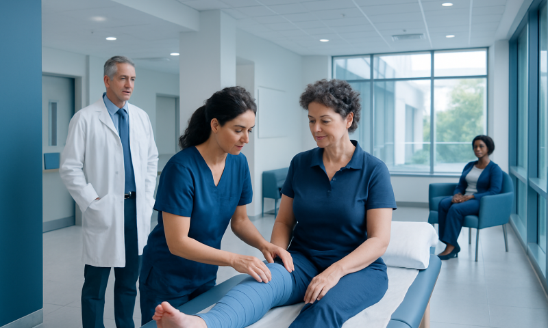Medical professionals examine patient's leg in hospital setting.