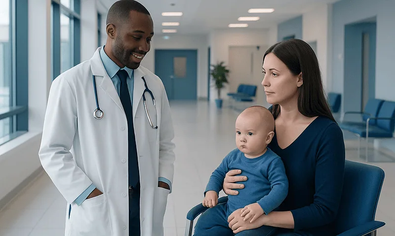 Health Library 9 Doctor consulting mother and baby in hospital corridor.