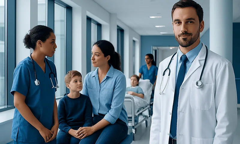 Medical team consulting with a young patient in hospital corridor.