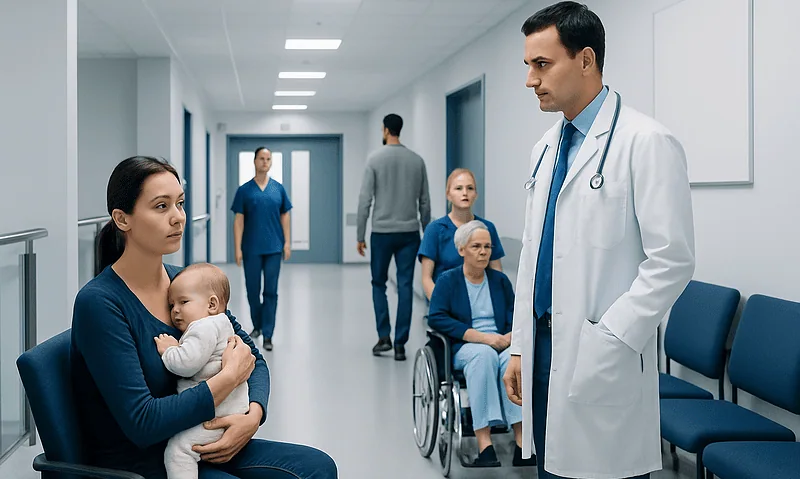 Doctor consulting with a mother and children in a hospital corridor.