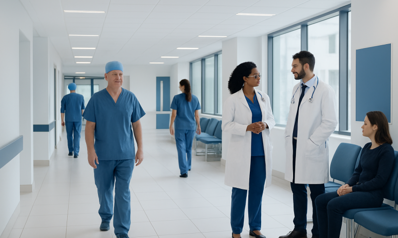 Medical team discussing patient care in hospital corridor.