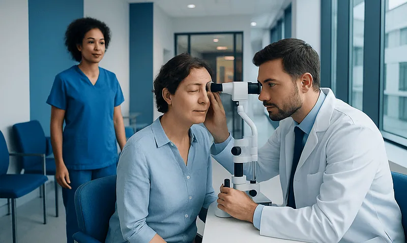 Ophthalmologist examines patient's eye using slit lamp in clinic.
