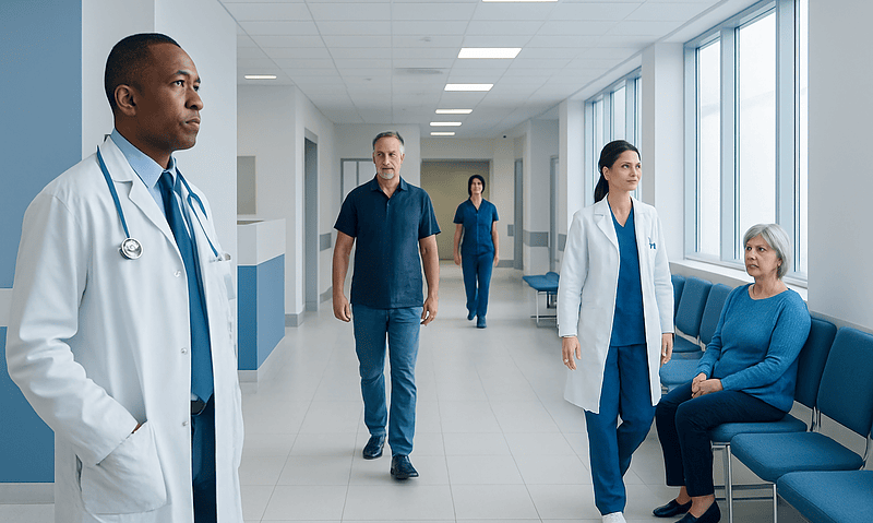Medical team consulting with a patient in hospital corridor.