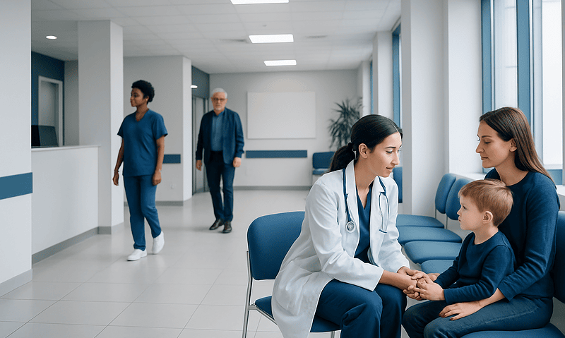 Doctor consulting with young patient and mother in hospital corridor.