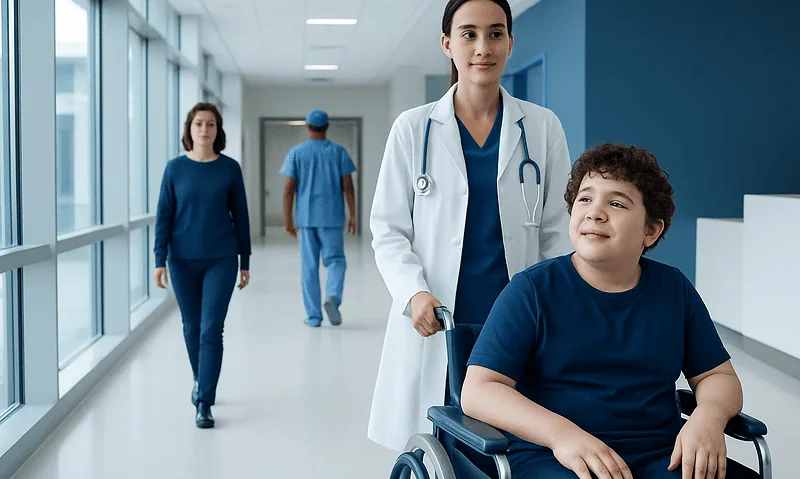 Healthcare professional with young patient in hospital corridor.