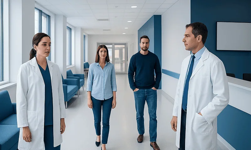 Medical team discussing patient care in hospital corridor.