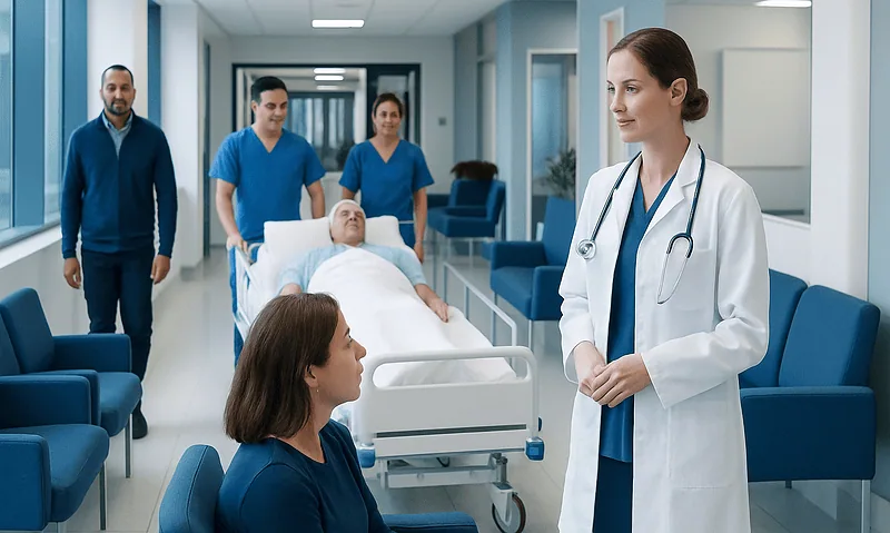 Medical team consulting patient in hospital corridor with a bed and staff in background.