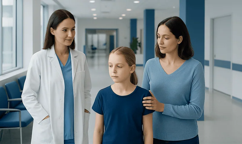 Doctor consulting with young girl and mother in hospital corridor.