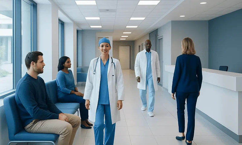 Healthcare professionals and patients in a modern hospital corridor.