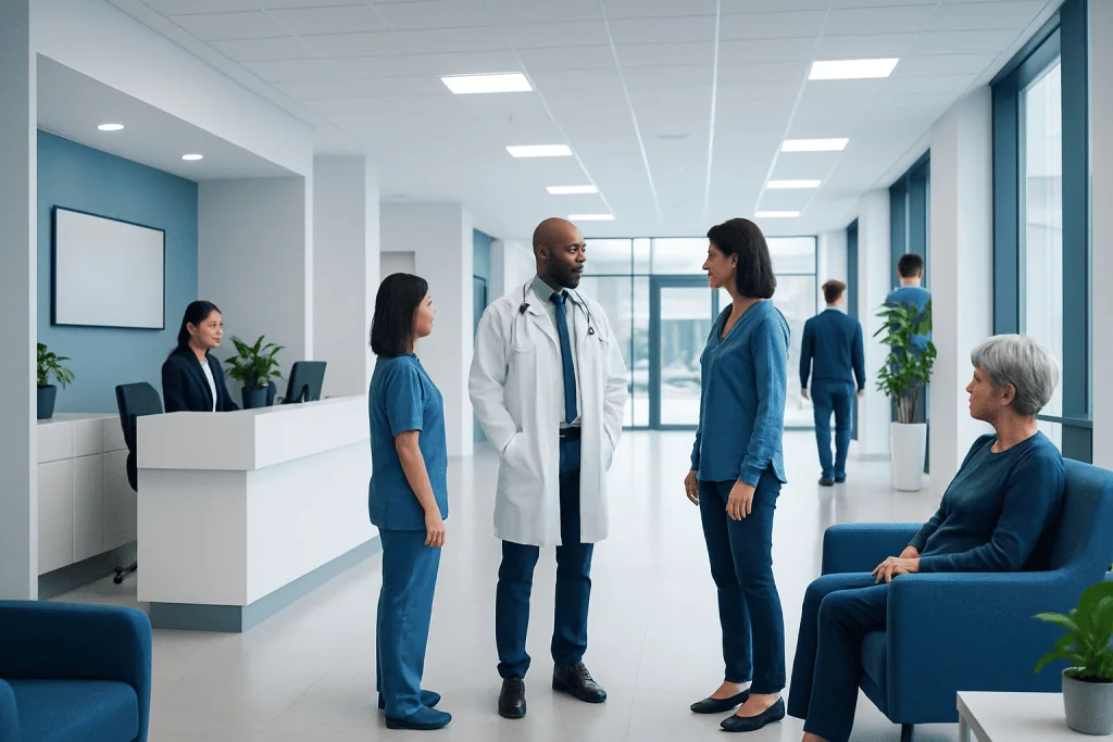 Cryo Ablation: Procedure, Recovery and Results 1 Medical team consulting with patient in hospital corridor at Acibadem Hospitals.