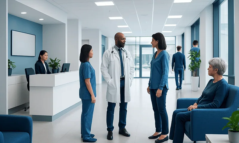 Medical team consulting with patient in hospital corridor at Acibadem Hospitals.