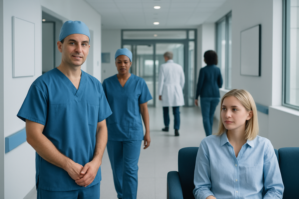 CT Surgery: Procedure, Recovery and Results 1 Medical team in hospital corridor with patient, modern healthcare setting.