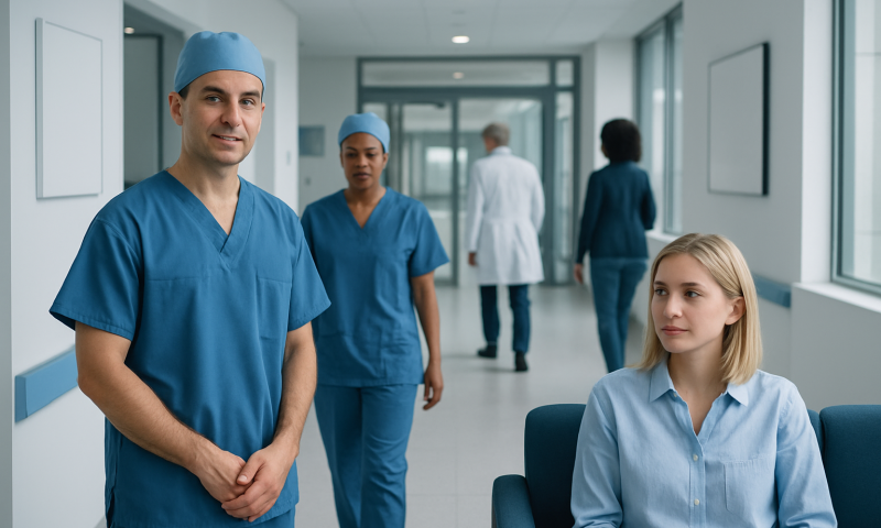 Medical team in hospital corridor with patient, modern healthcare setting.