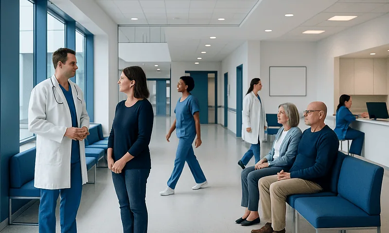 Cubital Tunnel Release: An Evidence-Based Patient Guide 16 Medical consultation in a modern hospital corridor with doctors and patients.