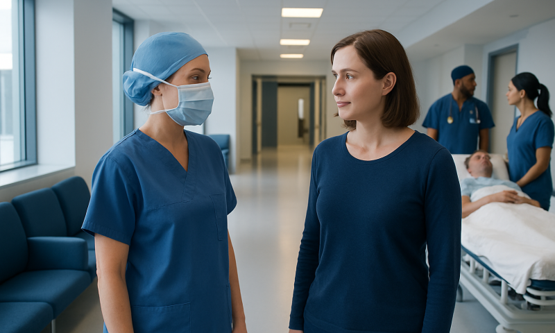 Doctor and patient having a discussion in hospital corridor.