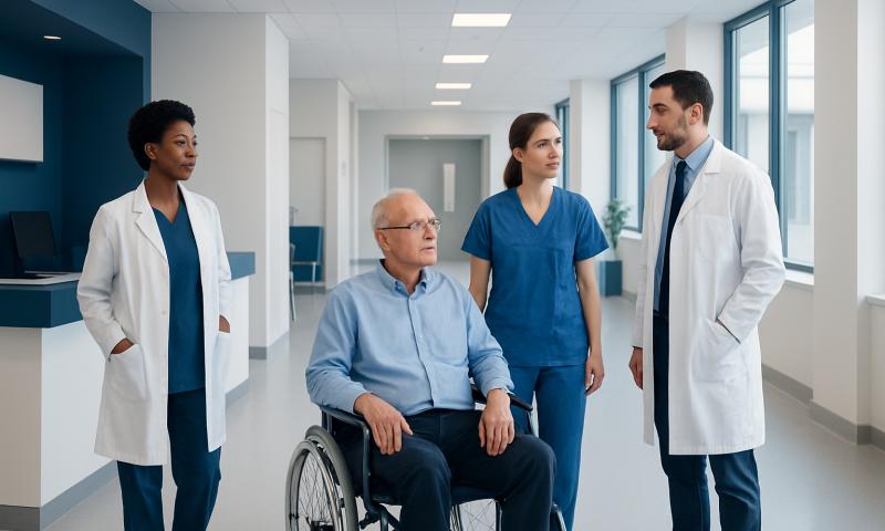 Medical team consulting with patient in hospital corridor.
