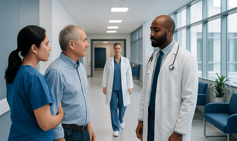 Medical team discussing patient care in hospital corridor.