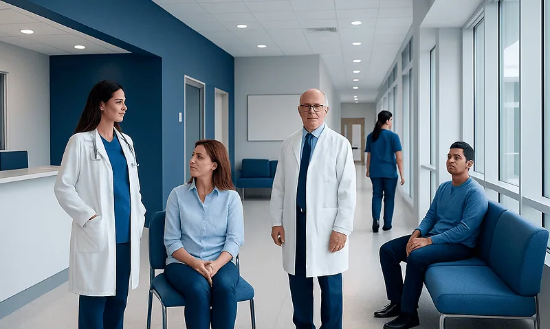 Medical team consulting with patients in a hospital corridor.
