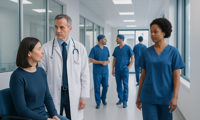 Medical team discussing patient care in hospital corridor.
