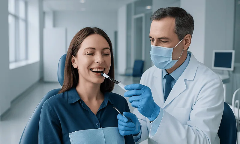 Dentist preparing to perform dental bonding on a patient in a clinical setting.