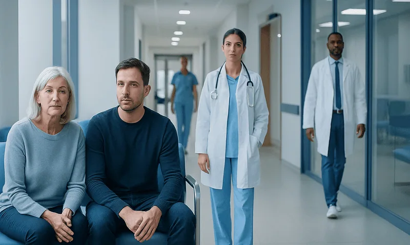 Patients waiting in hospital corridor with medical staff nearby.