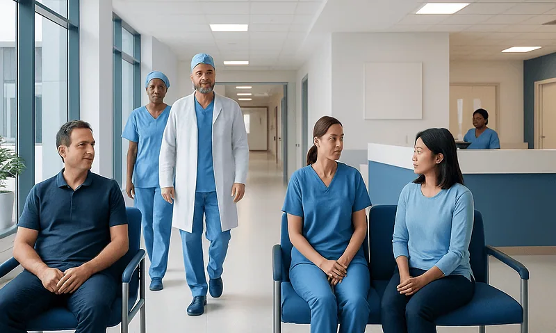 Patients waiting in a hospital corridor with medical staff present.