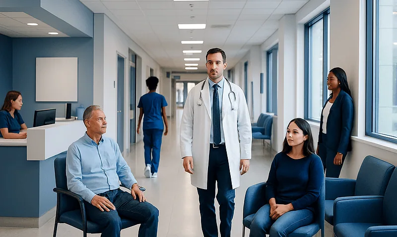 Medical team consulting patients in a hospital corridor.