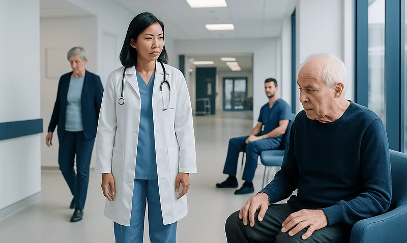 Doctor consulting elderly patient in hospital corridor for dyskinesia treatment.