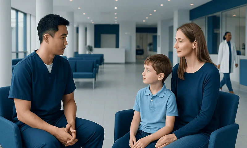 Doctor consulting with a mother and child in a hospital waiting area.