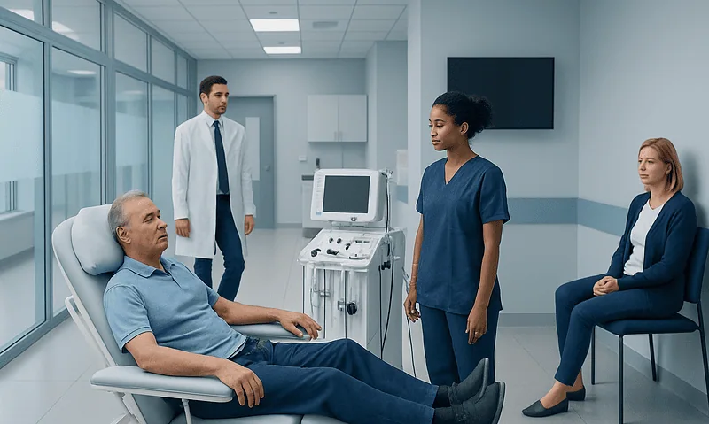 Doctor explaining treatment options to patient in hospital room.