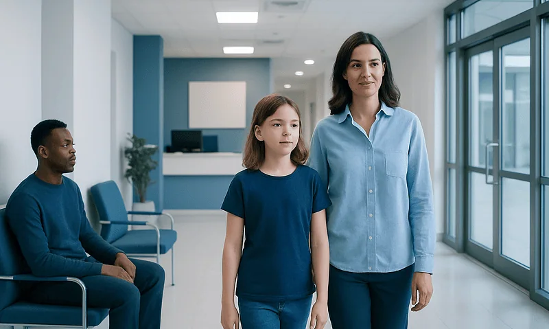 Medical consultation with a woman and two children in a hospital corridor.