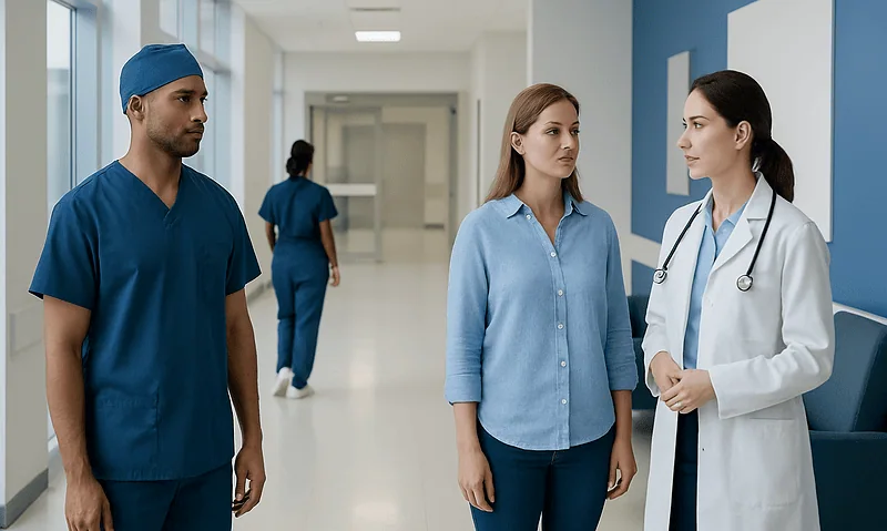 Medical team discussing patient care in hospital corridor.