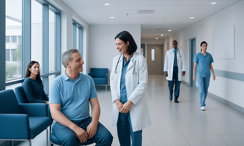 Elevidys Gene Therapy: How It Works, Results and What to Expect 5 Doctor consulting with patient in hospital corridor with medical staff in background.