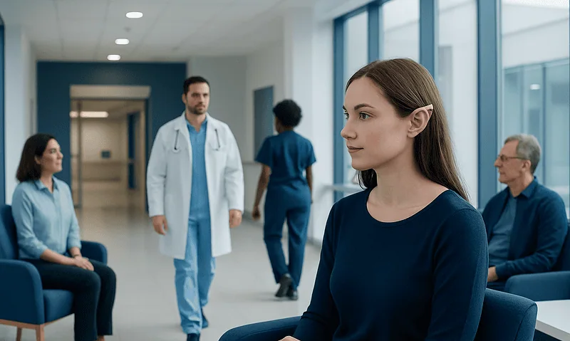 Young woman waiting in hospital corridor with medical staff and patients.