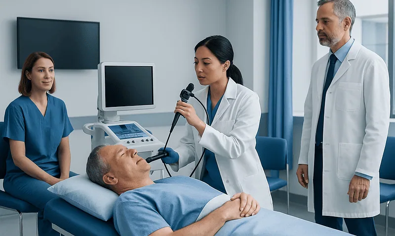 Doctor performing endobronchial ultrasound on patient in hospital.