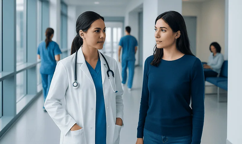 Doctor and patient having a conversation in hospital corridor.