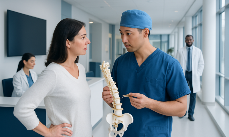Spine surgeon explaining spinal anatomy to a patient in a hospital corridor.