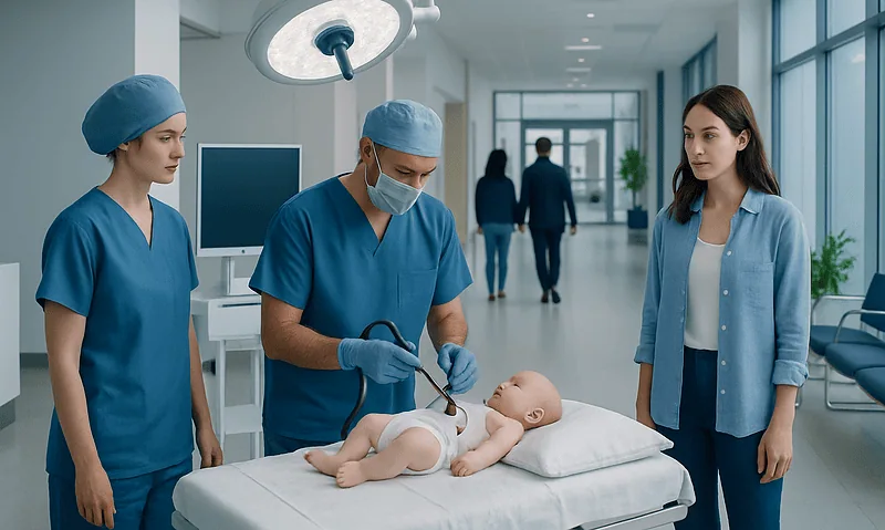 Medical team preparing for endoscopic procedure on infant in hospital.