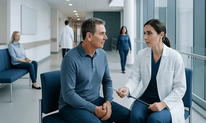 Endoscopy Back Surgery: Procedure, Recovery and Results 7 Doctor consulting with a patient in a modern hospital corridor.