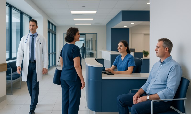 Medical staff and patient in hospital reception area at Acibadem Hospitals Group.