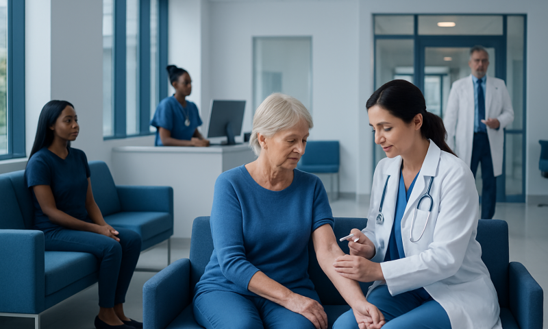 Doctor administering injection to elderly woman in hospital waiting area.