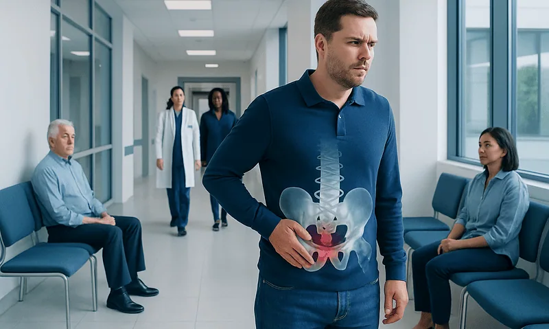 Man experiencing pelvic pain in hospital corridor with medical staff and patients.