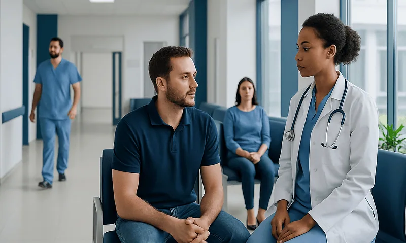 Doctor consulting male patient in hospital corridor with staff in background.