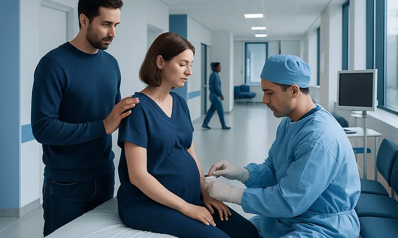 Patient receiving epidural anesthesia in hospital setting with medical staff.